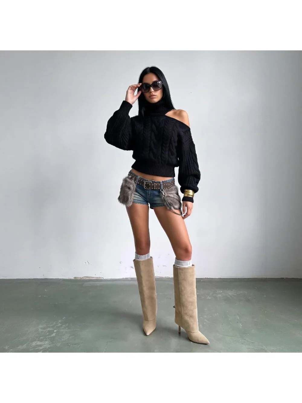 Women's Suede Khaki Stiletto Heel Pointed Toe Side Zipper Knee High Shark Boots